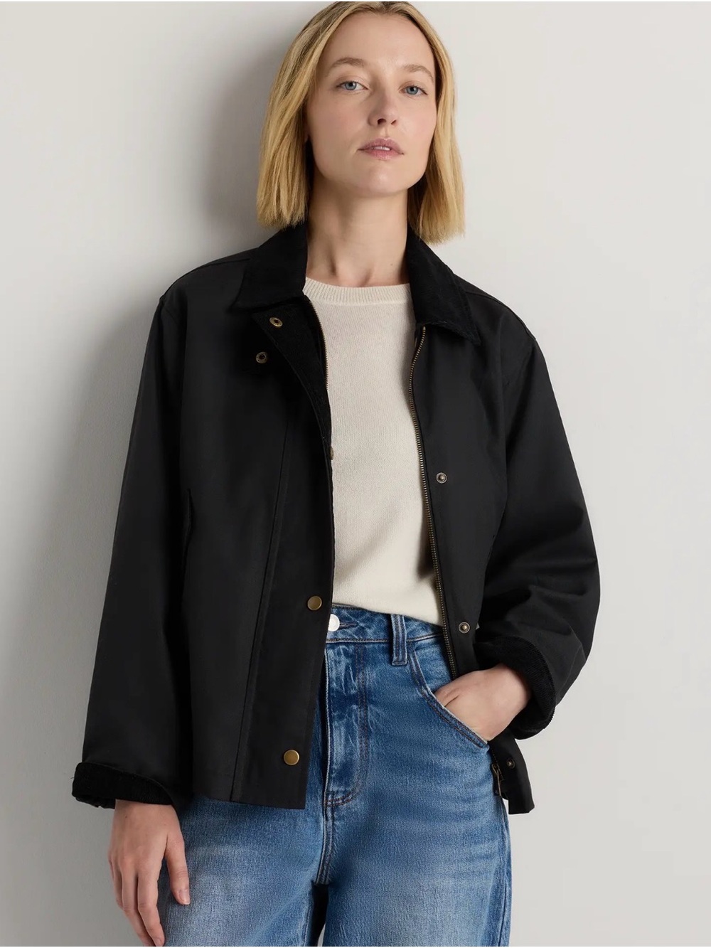 Quince Organic Waxed Barn Jacket Green & Brow corduroy trim Jacket